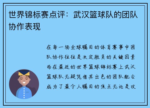 世界锦标赛点评：武汉篮球队的团队协作表现