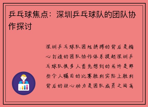 乒乓球焦点：深圳乒乓球队的团队协作探讨